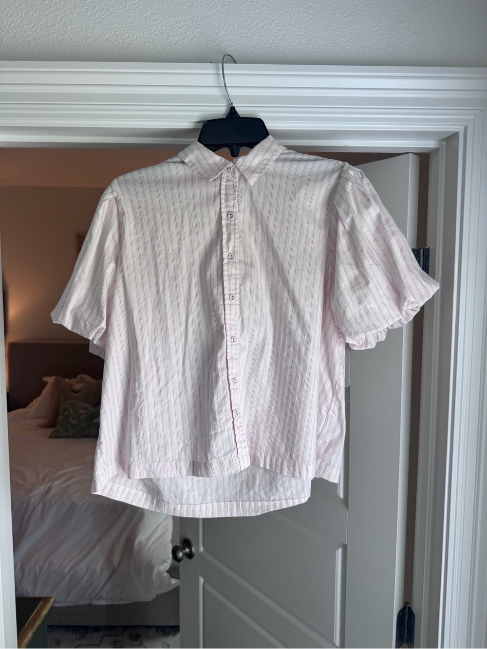 Light Pink Striped Short-Sleeve Button Front Blouse